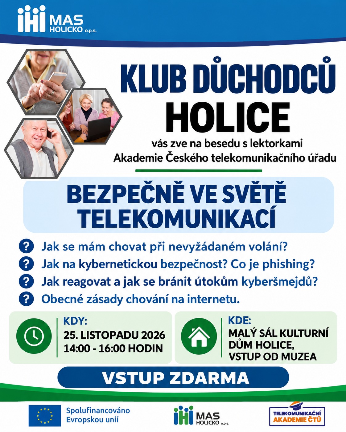 Beseda v Klubu důchodců Holice: Bezpečně ve světě telekomunikací